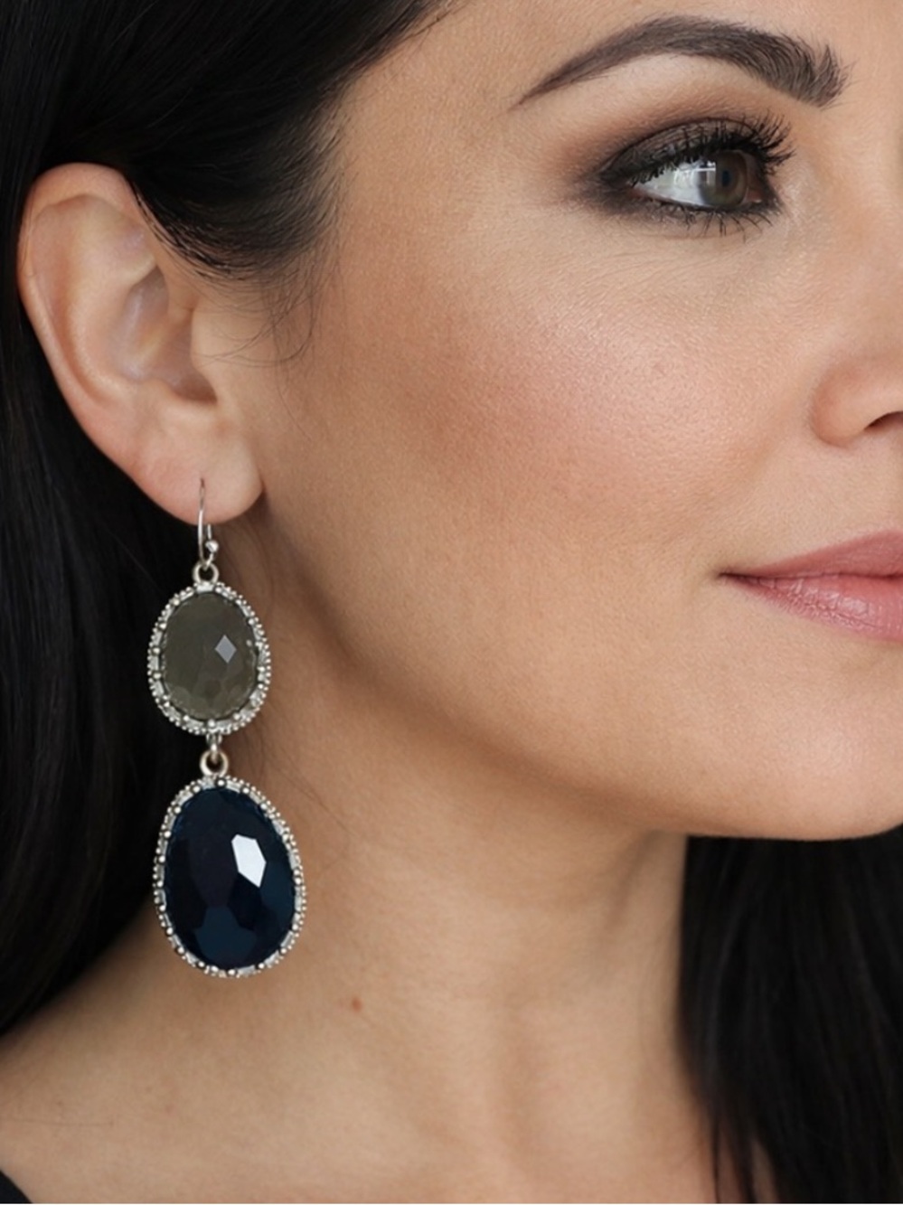 Navy Blue Taupe Crystal Drop Earrings Silver Tone Statement Dangle Earrings